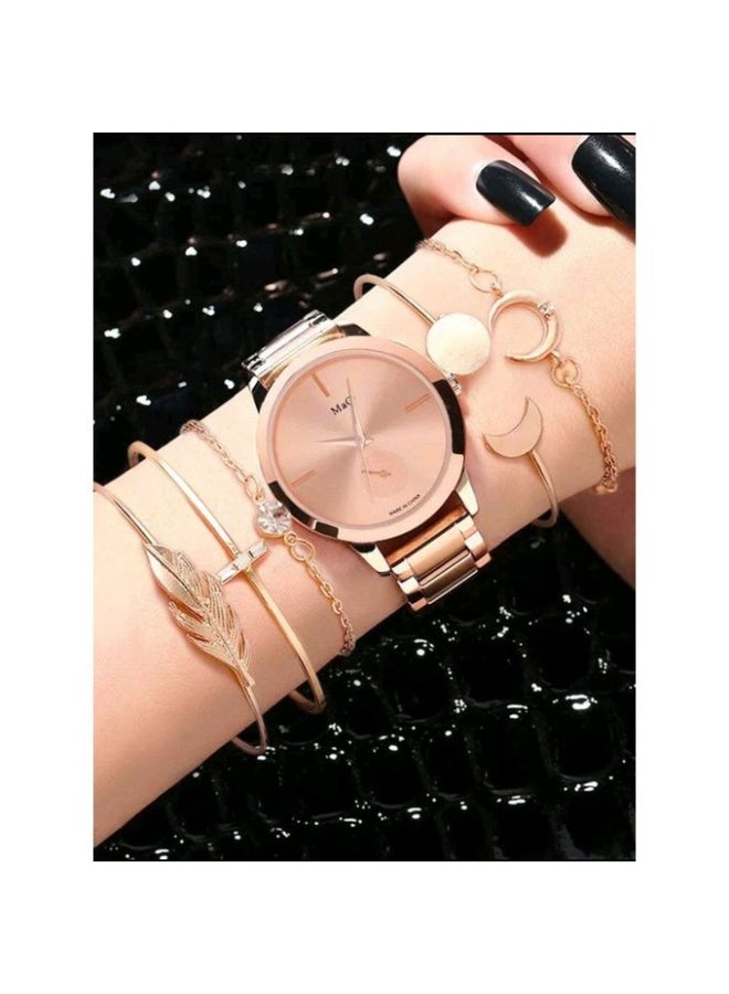 SHEIN-1pc Round Pointer Quartz Watch & 5pcs Bracelet - Image 1